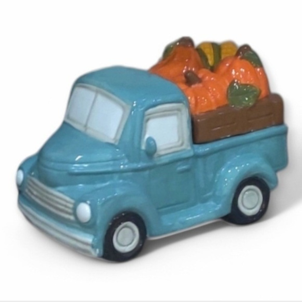 Ceramic Fall Harvest Teal Blue Pickup Truck Cookie Jar Pumpkin Thanksgiving